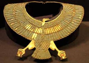Golden necklace, vulture grasping two ankhs, Cairo Museum, Egypt.